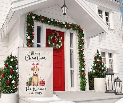 BLKWHT Personalized Last Name Garden Flag - Custom Merry Christmas Dog Small Garden Flag Vertical Double Sided Happy New Year Burlap Yard Outdoor Decor 12.5 x 18 Inches (196533)