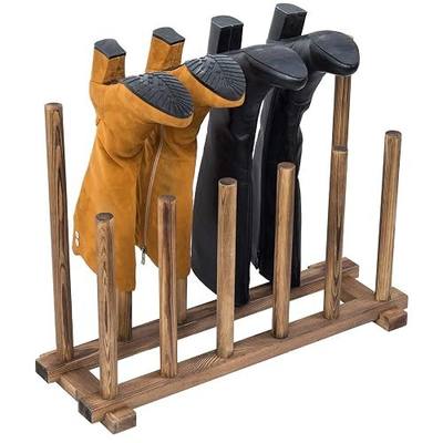 MyGift Rustic Burnt Brown Solid Wood Floor Standing Boot Holder Rack, Wooden Entryway Shoe Storage Organizer Stand Holds 6 Pairs of Tall and Short Boots