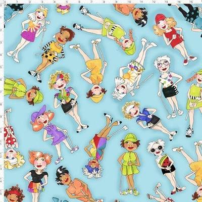 Loralie Designs Tossed Golfer Girls Turquoise Fabric by The Yard for Quilting