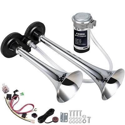 FARBIN Car Horn Loud Air Horn Dual Trumpet Air Horns Truck Horn with Button | Chrome plated, silver, 12V 150dB loud, with relay harness and push button switch, universal for any 12V vehicles