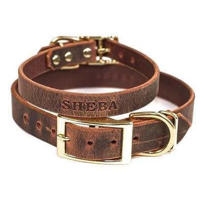 Handmade Personalized Bridle Leather Dog Collar, Engraved Pet Name, Brass/Gold Tone Hardware (Distressed Brown)