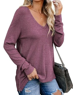 PrinStory Fall Long Sleeve V-Neck T-Shirts Loose Casual Tunic Tops Blouse Shirts VG Brick Red-Medium