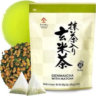 YAMASAN KYOTO UJI Genmaicha Green Tea with Matcha, roasted brown rice tea, Low caffeine, Japanese Tea, 3g×60 tea bags