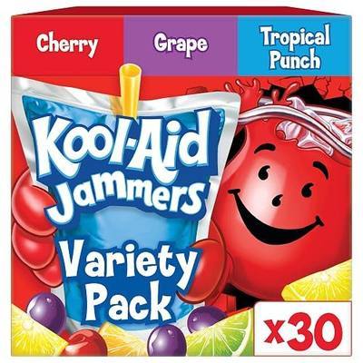 Kool-Aid Jammers Drink, 30 Pouches, for School Lunches and On-the-Go Hydration, Artificially Flavored Tropical Punch, Grape and Cherry Flavors, 6 fl oz