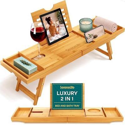 SereneLife Bath Caddy Breakfast Tray Combo - Natural Bamboo Wood Waterproof Tub and Bed with Folding Slide-Out Arms, Device Grooves, Wine Glass Soap Holder