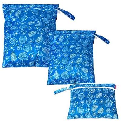 Damero 3 Pcs Cloth Diaper Wet Dry Bag, Blue Flowers | Waterproof Reusable Travel Wet Bags for Swimsuits, Towels, Clothes, Pumping Parts, Laundry, Beach, Pool, Gym, Daycare