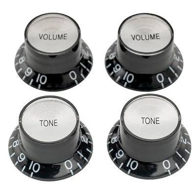 Musiclily Pro Metric Size 18 Spline Top Hat Bell Reflector 2 Volume 2 Tone Knobs Set for Epiphone Les Paul SG Electric Guitar Asia Import Guitar Bass Split Shaft Pots, Black with Silver Top | 2 Volume 2 Tone for Epi LP SG Style Electric Guitar