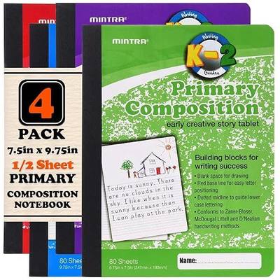 Mintra Primary Composition Notebook, 4 Pack, Assorted Colors 80 Sheets, 7.5in x 9.75in, 1/2 Sheet, Ruled with Drawing Area, Flexible Hardcover Journal, Grades K-2, School & Home Use