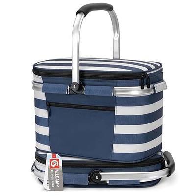 ALLCAMP Picnic Basket - Insulated Cooler, Thickening Foldable Picnic Basket with Removable Baskets & Sewn-in Frame, Basket for House Warming Gifts New Home(Blue White)