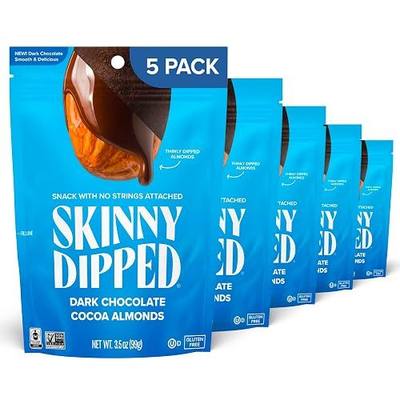 SkinnyDipped Dark Chocolate Cocoa Almonds, Healthy Snack, Plant Protein, Gluten Free, 3.5 oz Resealable Bags (Pack of 5)