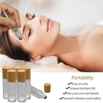 12Pcs 10ml Glass Roll On Bottle with Bamboo Lid for Essential Oils, Creatiee Eco-friendly Refillable Clear Perfume Sample Bottles with Stainless Steel Roller Ball - Portable & Practical…
