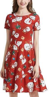 Womens Christmas Round Neck Casual Midi A Line Vintage Swing Dress