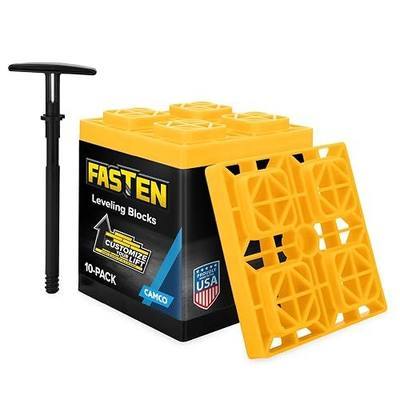 Camco FasTen RV Leveling Blocks - Features Interlocking Design for Customizable Height - Carrying Handle Twists to Secure Blocks for RV Storage - 8.5” x 8.5” x 1”, Yellow, 10-Pack (21022) | Stack to desired height, twist-lock T-handle for carry and storage, fits single or double wheels and tandem ax