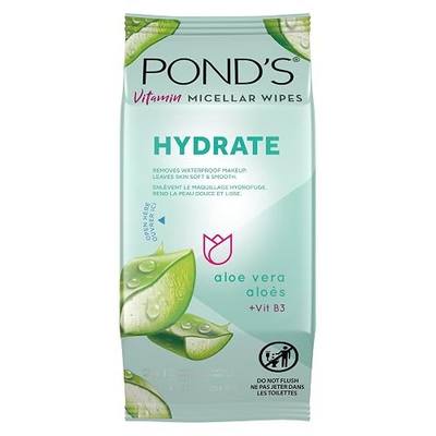 POND’S Micellar Makeup Remover Wipes, Removes Waterproof Mascara, with Aloe Vera & Vitamin B3, Alcohol-Free Facial Cleansing Wipes for Dry Skin, 25 Count