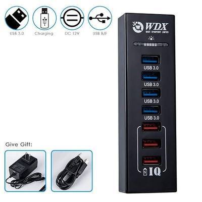WDX 7 Ports USB 3.0 Hub 4 Ports with 3 IQ Smart Charging Ports and Power Adapter 5Gbs Fast Speed Data 2-in-1 USB Hub for Computer Laptop PC Flash Drive Mobile HDD Printers