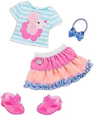 Glitter Girls 14-Inch Doll Clothes, Poodle Cuddles Fashion Outfit, Outfits | Striped poodle-print top, colorful ruffle skirt, pink glitter sandals, and blue hair bow with easy-open closures, 3+ Years