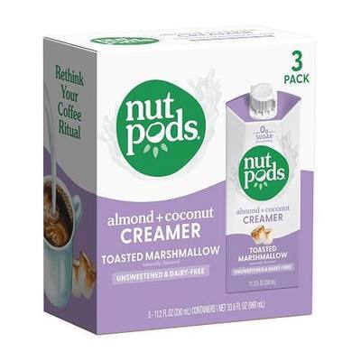 nutpods Toasted Marshmallow Unsweetened Non Dairy Coffee Creamer, 3-Pack | Made from almonds and coconuts. Whole30, keto, zero sugar, gluten free, non-GMO, vegan, kosher.
