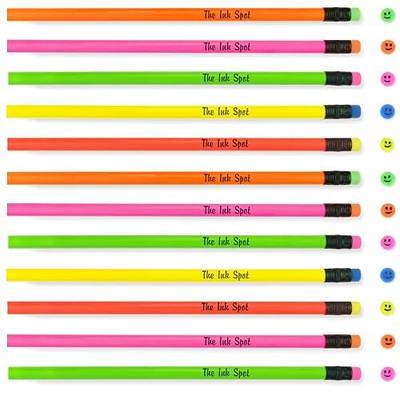 100 Personalized Neon Pencils with Smiley Face Erasers, Custom Printed