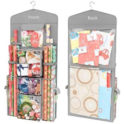 ProPik Hanging Double Sided Christmas Gift Wrapping Paper Storage Organizer With Multiple Pockets Organize Your Gift Wrap, Gift Bags Bows Ribbons 40"X17" Fits 40 Inch Rolls Clear PVC Bag 1 Unit (Grey)