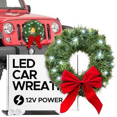 TACTIK Christmas Car Decoration - Car Christmas Wreath - 2025 Light-Up Christmas Wreath for Vehicle Grill - Fits Jeeps Trucks SUVs RVs Golf Carts and More - 12-Volt Plug-in Wreath Lighting