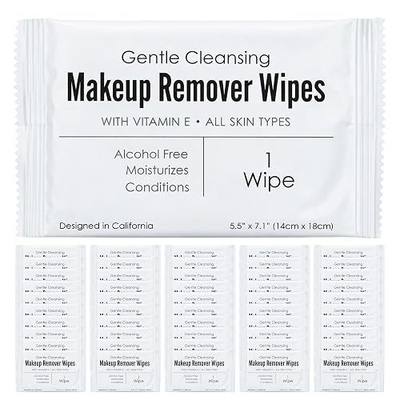 World Amenities - Makeup Remover Wipes - Alcohol Free - Vitamin E Face Wipes for Sensitive Skin Comfort - Individually Wrapped - Travel Friendly Facial Cleansing Wipes - 50 Count