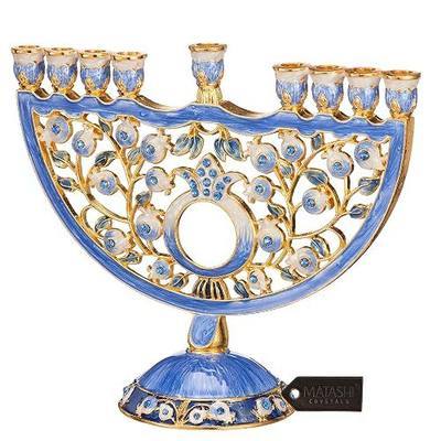 Matashi Hand Painted Blue Enamel Pomegranate Design Menorah Candelabra Embellished with Gold Accents and Crystals Jewish Candle Holder Hanukkah Gift Housewarming Showpiece for Living Room | Embellished with Gold Accents and Crystals Jewish Candle Holder Hanukkah, Gift Housewarming Showpiece for Livi