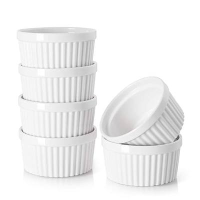 DOWAN 4 oz Ceramic Ramekins Set of 6, Oven Safe Souffle Dishes for Air Fryer Baking, Mini Round Baking Cups for Creme Brulee, Dipping Sauces, Desserts and Prep Bowls, White