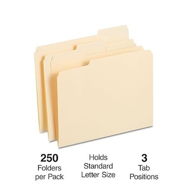 Staples File Folders, 1/3-Cut Reinforced Tab, Assorted Position, Letter Size, Perfect for Home, Office, Classroom, 250-Pack, Manila