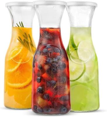 KooK Glass Carafe, Mimosa Bar Supplies, Carafe Pitchers with Lid, Set of 3, Glass Water Pitcher, Drink Dispensers for Parties, Tea, Wine, and Juice, Plastic Lids, Dishwasher Safe, 35 oz