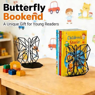 Alsonerbay Decorative Metal Butterfly Bookends for Shelves, Black, 1 Pair | Smooth rounded edges, non-slip felt base, holds books & DVDs upright, fits study office decor, ideal gift for readers