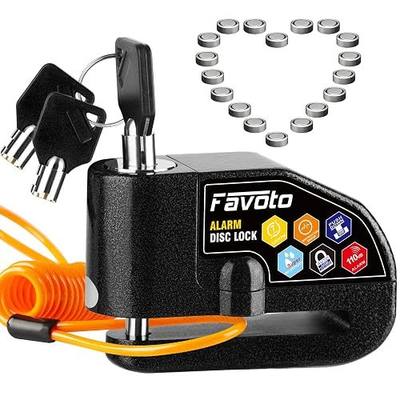 Favoto Alarm Disc Lock, 3 Keys and 18 Batteries (5-Year Availability), 110 dB Waterproof Anti-Theft Security Brake Padlock, 7mm Lock Pin with Reminder Cable, Fit for Motorcycle E-Bike Bicycle Scooter