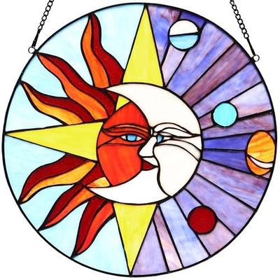 Bieye W10043 Sun Moon Star Face Tiffany Style Stained Glass Window Panel with Planets in Solar System, 16-inch Wide Round Shape, Blue