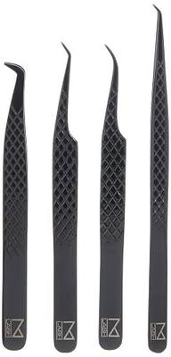 M LASH Tweezers for Eyelash Extensions (Set of 4) - Professional Lash Extension Tweezers - Fiber Tip, Japanese Steel, Diamond Grip Eyelash Extension Tweezer (Black)