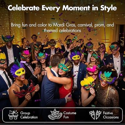 Podzly Assorted Mardi Gras Mask 12 Pack – Venetian Masquerade Masks | with Festive Feathers – Multi-Color Costume Accessories – Perfect for Masquerade Balls, Prom, Carnival & New Year's Eve Party
