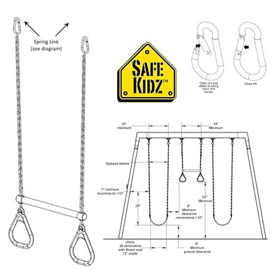 18" Trapeze Swing Bar Rings 48" Heavy Duty Chain Swing Set Accessories & Carabiners (Green)