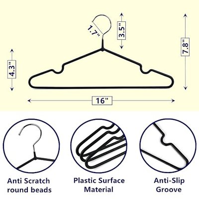 Amber Home 20 Pack Black Rubber Coated Metal Coat Hangers, 16" Non-Slip Clothes Hangers, Metal Hangers with Round Notches for Suit, Jacket, Shirt, Dress & Pants (Black)