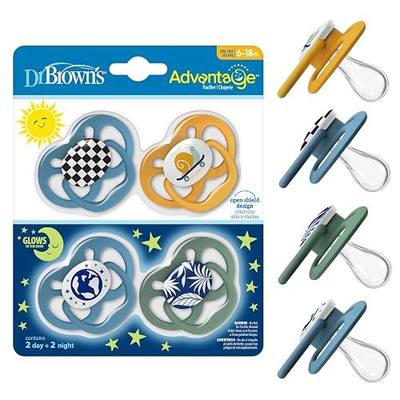 Dr. Brown's Advantage Glow-in-The-Dark Baby Pacifier, Fully Symmetrical Soother with Soft Silicone Bulb, Skateboard Snail-Blue Nature, 6-18m, BPA Free, 4 Pack