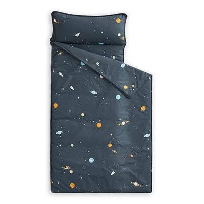 Wake In Cloud - Toddler Nap Mat with Pillow and Blanket, 100% Cotton Fabric, for Kids Boys Ages 3 Plus in Daycare Kindergarten Preschool, Roll Up Sleeping Bag, Galaxy Spaces