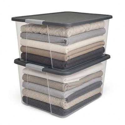 HOMZ Clear Plastic Storage Bin with Secure Latching Gray Lid, 64 Qt, 2 Pack | Heavy-Duty Stackable Containers, Large Organizer Box for Homes, Offices, and Garages