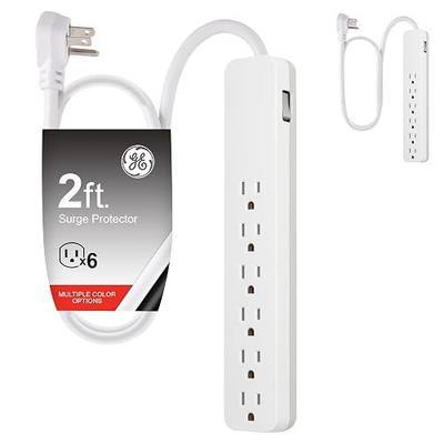 GE Pro 6-Outlet Surge Protector 2 Pack, 2 Ft Extension Cord, 620 Joules, Power Strip, Flat Plug, Integrated Circuit Breaker, Wall Mount, UL Listed, White, 46867