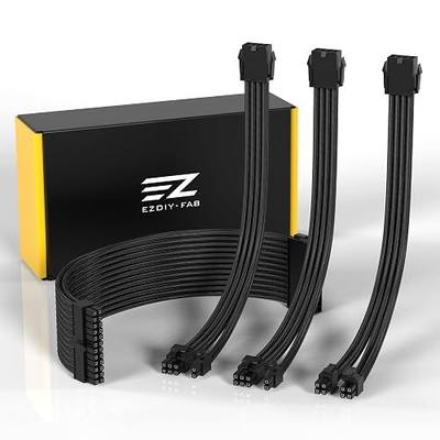 EZDIY-FAB PSU Cable Extension Kit, 18AWG Sleeved, ATX/EPS/PCIe, 30cm, Black | PET Sleeved Cables, Cable Combs Included, 4-Cable Extension, Flexible Routing, Clean Cable Setup, Custom PC Builds
