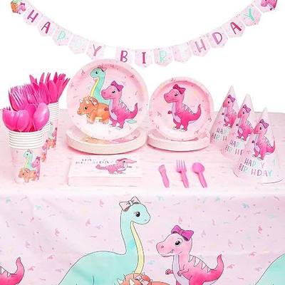 195-Piece Pink Baby Girl Dinosaur Birthday Party Supplies with Plates, Napkins, Cups, Cutlery, Banner, Hats, Table Covers (Serves 24) - Pastel Pink Dinosaur Party Decorations