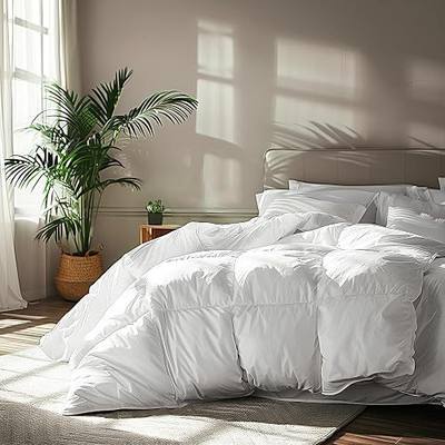 Serta Goose Feather Down Fiber Comforter Queen Size - 100% Cotton Cover Duvet Insert - Hotel Luxury Hypoallergenic Bedding Comforter All Season Medium Warmth 90 x 90 Inch White | 100% Cotton Cover Hypoallergenic Bedding Comforter All Season Medium Warmth 90 x 90 Inch White