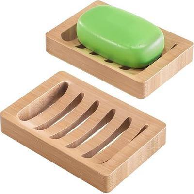 AmazerBath Soap Holder Soap Dish, Bamboo Soap Dish, 2 Pack Wood Bar Soap Holder for Shower, Trays Self Draining, Soap Saver for Shower, Bathroom, Kitchen(Natural Color)