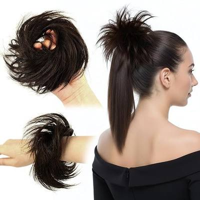 Hair Couture Messy Bun Scrunchie – Synthetic Hair Bun Extension for Instant Updo, Natural-Look Donut Chignon, Lightweight & Secure, for Women (Dark Brown – Rich & Deep Tone)