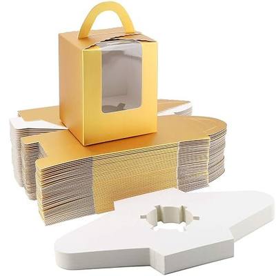EUSOAR Gold Individual Cupcake Carriers, 50pcs 3.6"x 3.6"x 4.3" Single Disposable Paper Cupcake Boxes, Cupcake to go Gift Boxes with Window Handle, for Wedding Birthday Party Candy Favor