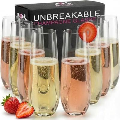 Bravario Plastic Champagne Flutes, Heavy Duty Unbreakable Stemless Tritan Glasses, BPA-free, Reusable, 8.5 oz, Set of 8
