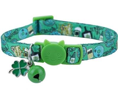 BoomBone St Patricks Day Cat Collar with Bell and Shamrocks Charm,Breakaway Small Dog Collar