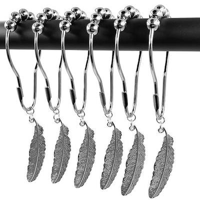 Shower Curtain Rings Hooks Decorative Home Bathroom 100% Stainless Steel Rustproof Shower Curtain Hook Ring Set Polished Chrome with Antique Silver Feather Decorative Pendants (12Pcs)