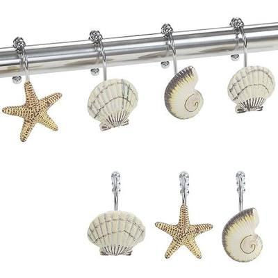 Decorative Coastal Shower Hooks, 12-Pack Seashell Design with 5 Smooth-Glide Rollers, Rust-Proof for Bathroom Bedroom Living Room Decor